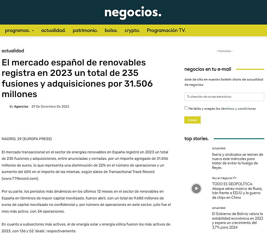 El mercado espaol de renovables registra en 2023 un total de 235 fusiones y adquisiciones por 31.506 millones